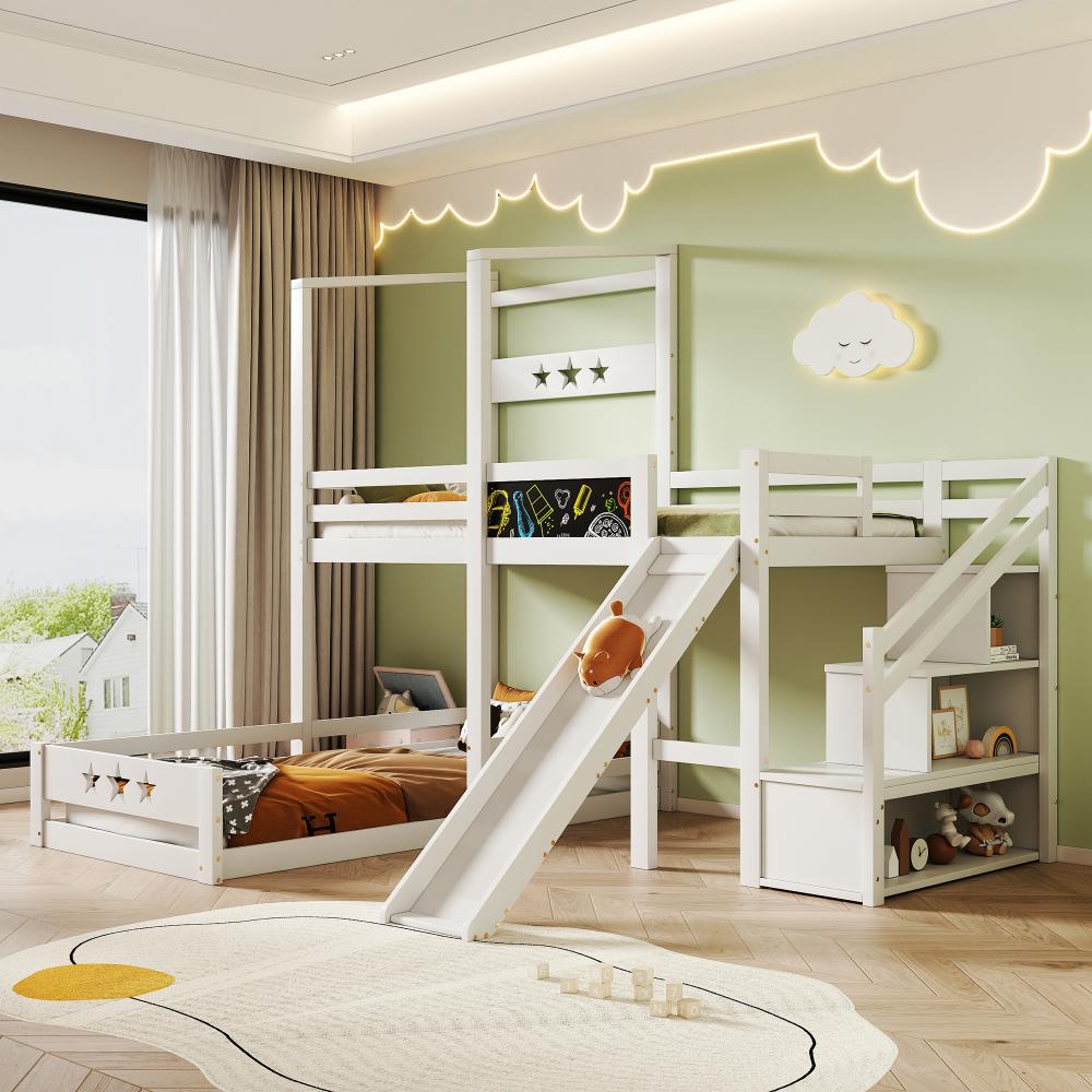 Merax Kinderbett Etagenbett mit Tafel und Rutsche,Treppe mit Stauraum 90x200 cm Einzelbett mit Rausfallschutz, Hochbett für Kinder 2x Lattenrost- Weiß Bild 1