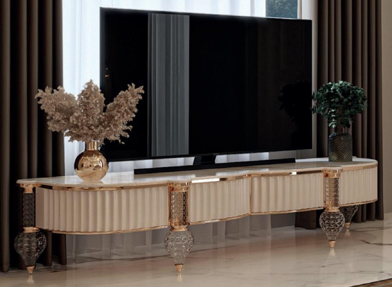 Casa Padrino Luxus Art Deco TV Schrank Weiß / Grau / Gold 246 x 60 x H. 56 cm - Massivholz Sideboard mit edler Kunstmarmor Platte - Art Deco Wohnzimmer Möbel - Luxus Wohnzimmer Möbel Bild 1