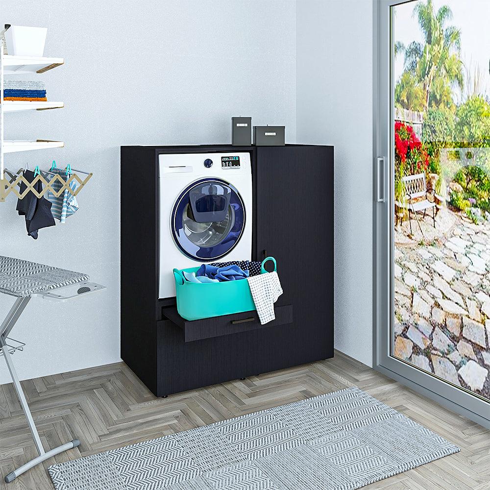 Roomart • Waschmachinenschrank für Hauswirtschaftsraum • HBT: 145x127x66,8 cm • Mit Schubladen und Ausziehbrett • Weiß • Schwarz eiche Bild 1