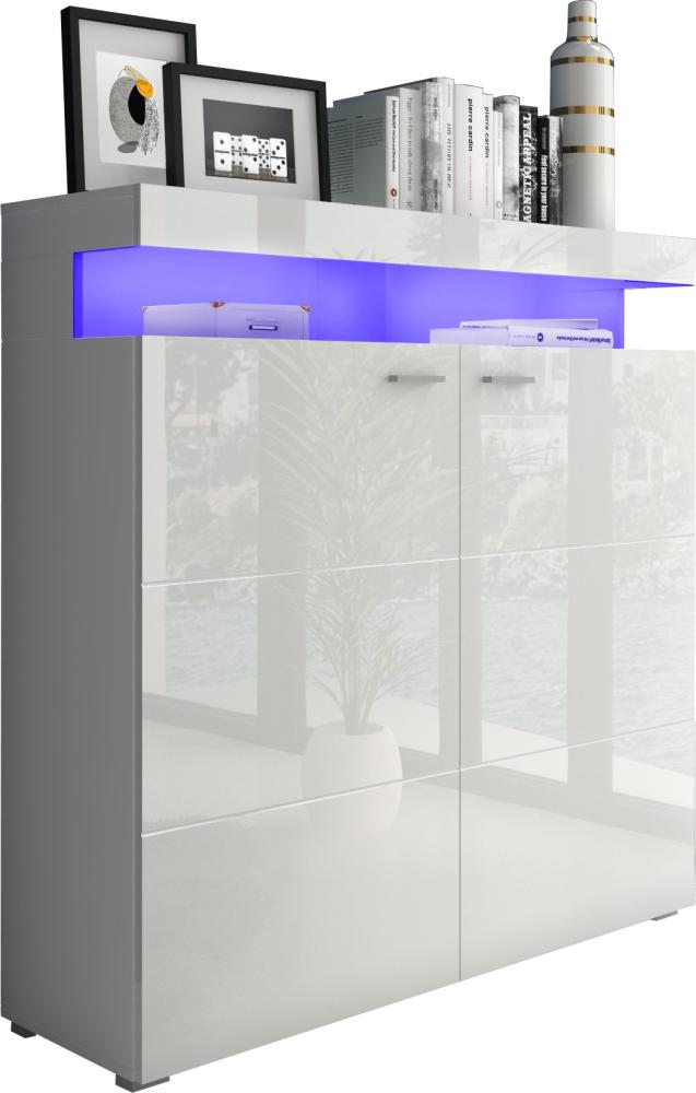 Domando Highboard Mondello Modern für Wohnzimmer Breite 120cm, Chromgriffe, Hochglanz, LED Beleuchtung in Blau in Weiß Matt und Weiß Hochglanz Bild 1
