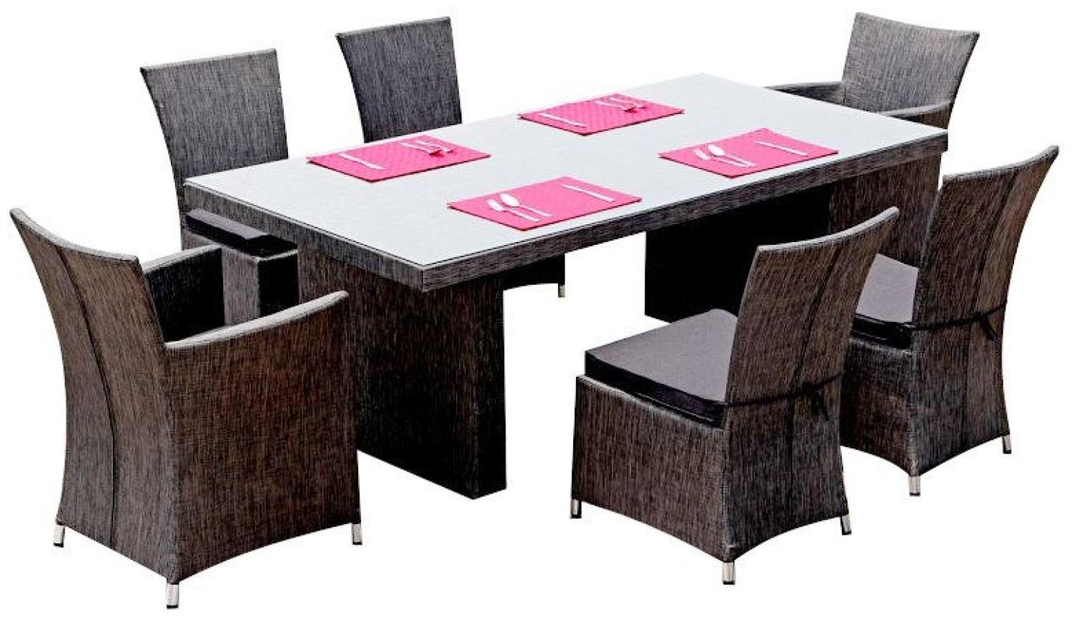 Jet-Line Essgruppe Rügen, 7-tlg, 1 Tisch (inklusive Glasplatte), 2 Stühle mit Armlehne, 4 Stühle ohne Armlehne, Kissen, Aluminium (Gestell), Kunststoff (Sitzfläche), anthrazit (2020) Bild 1