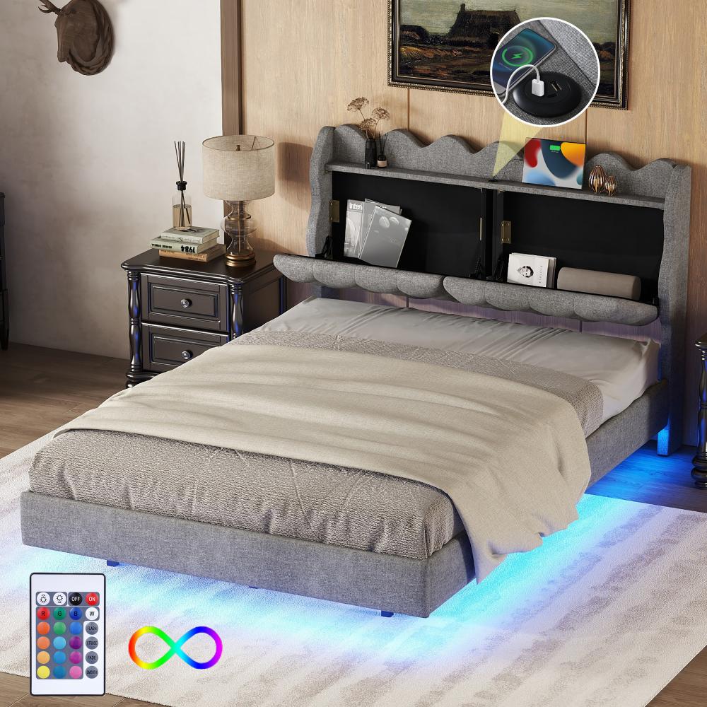 Merax 140 x 200cm Doppelbett, Polsterbett, Hängebett, mit Nachtkästchen, mit Lichtleiste, mit USB-Ladeanschluss, Grau Bild 1