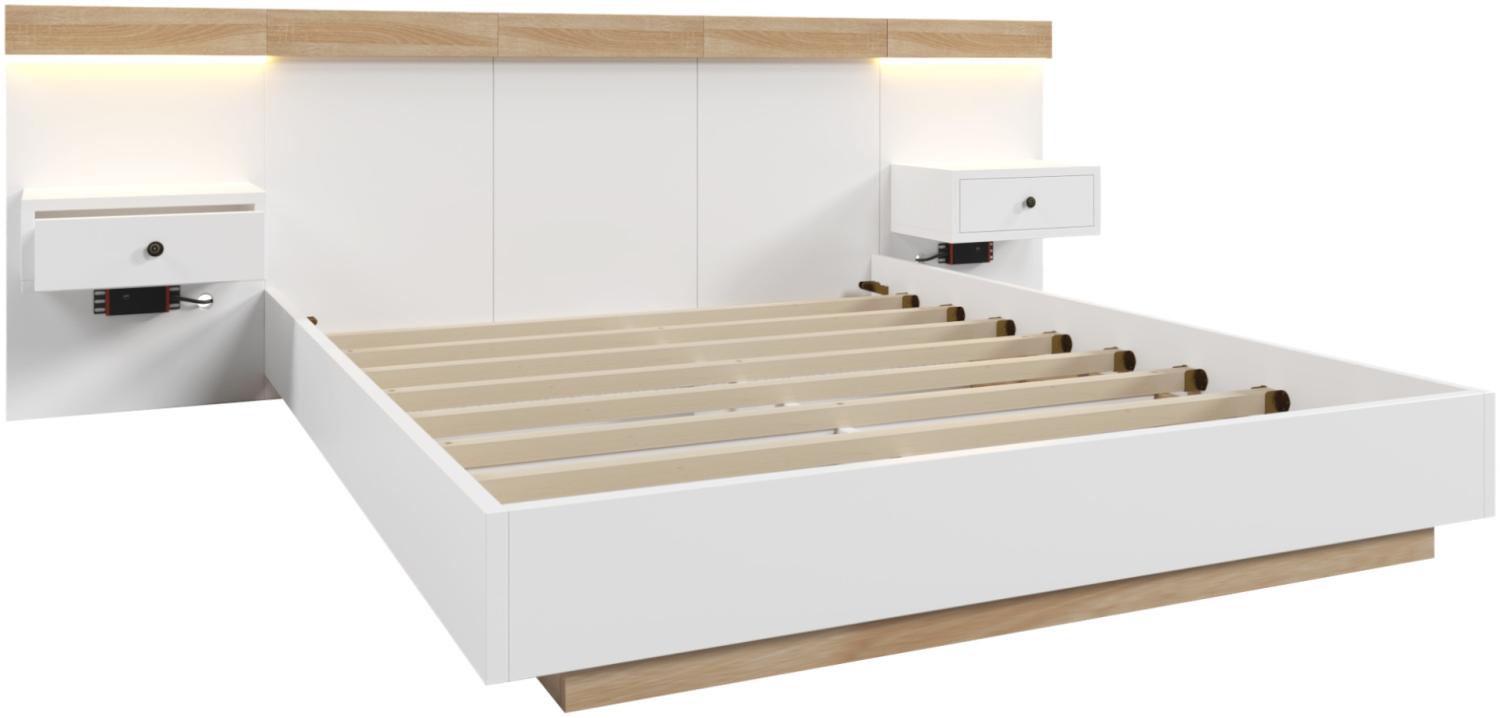 Merax Bettanlage Holzbett 160x200 Doppelbett mit 2 LED Nachtkommoden & 1 USB & 1 Type C & 1 Steckdose & Lattenrost Beige & Weiß Bild 1