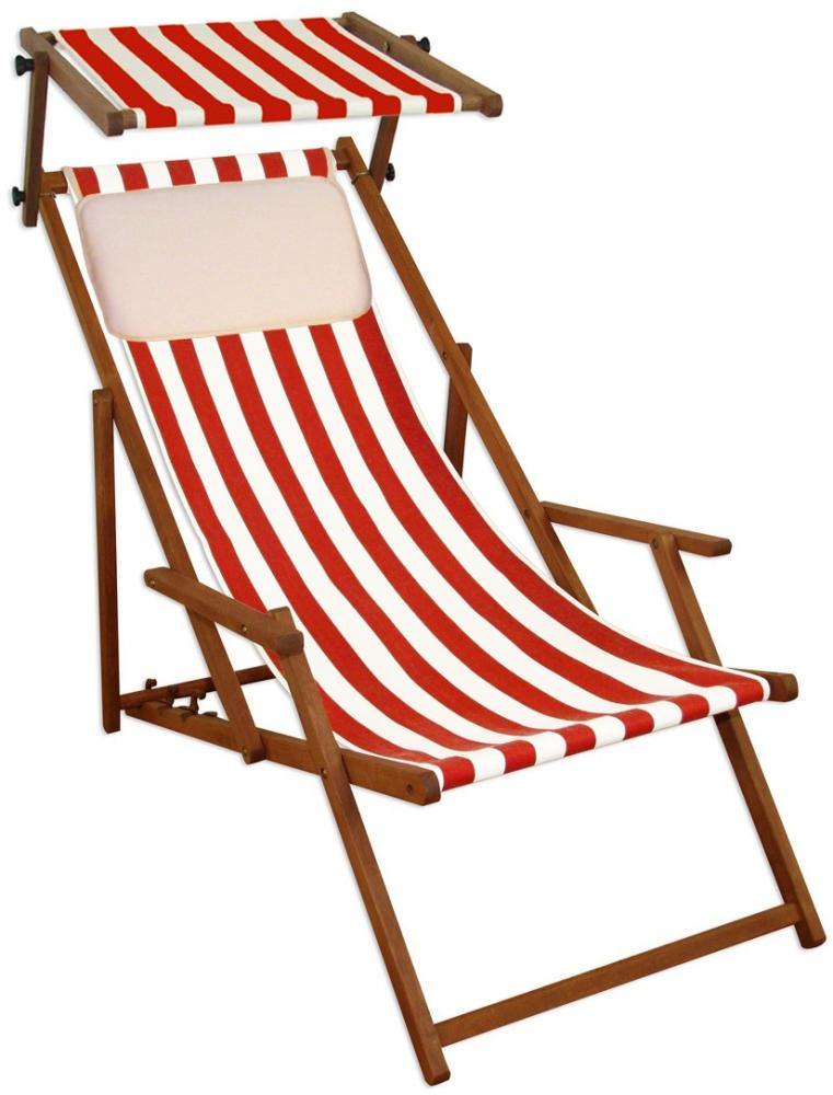 Gartenstuhl rot-weiß Sonnenliege Strandstuhl Sonnendach Kissen Deckchair Buche 10-314 S KH Bild 1