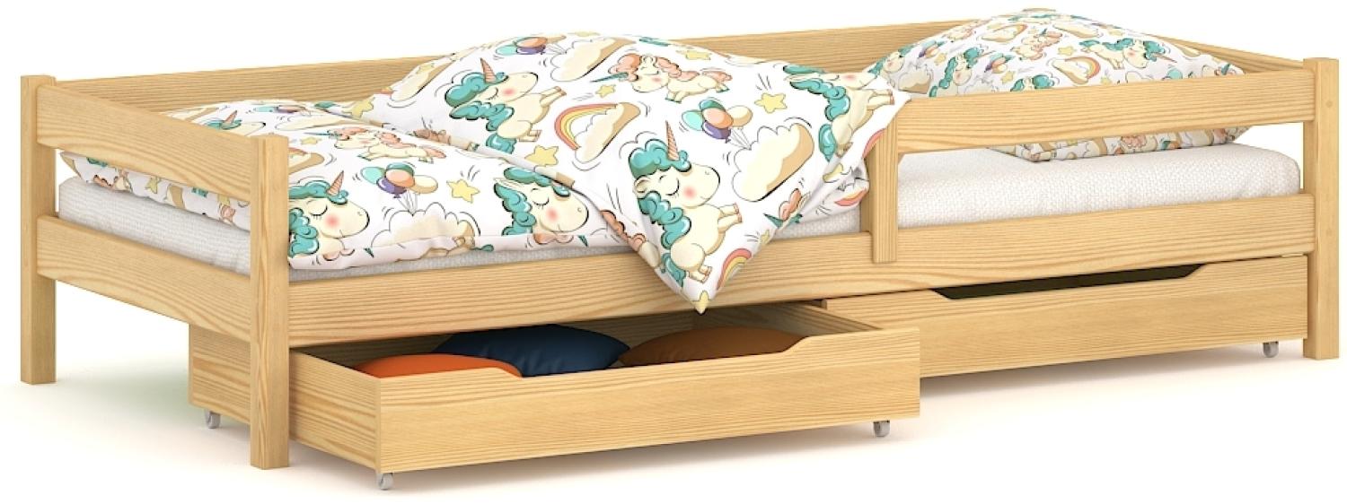 WNM Group Kinderbett für Mädchen und Jungen Felix - Jugenbett aus Massivholz - Bett mit 2 Schubladen und Lattenrost - Funktionsbett - Natürliche - 80 x 180 cm Bild 1