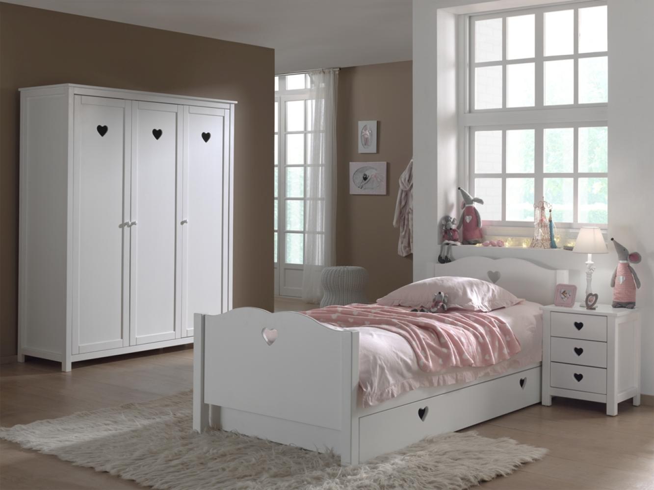 Amori Set best. aus Einzelbett 90 x 200 cm mit Lattenrost, Bettschublade, Nachtkonsole und Kleiderschrank 3-trg, Ausf. MDF weiß lackiert Bild 1