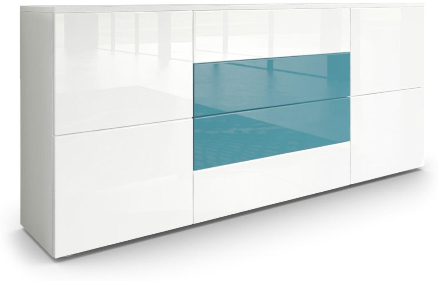 Vladon Sideboard Rova, Kommode mit 4 Türen und 4 Schubladen, Weiß matt/Weiß Hochglanz/Petrol Hochglanz (166 x 72 x 35 cm) Bild 1
