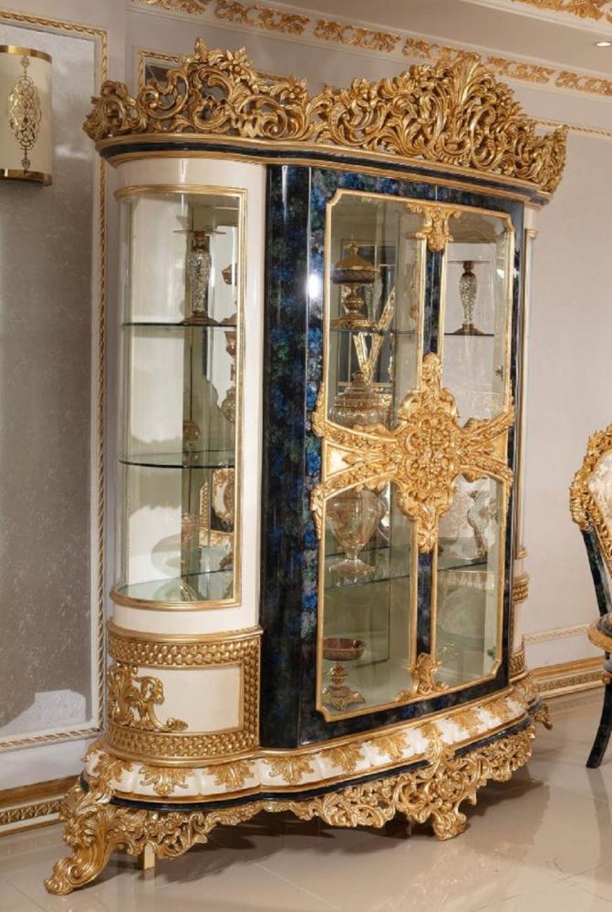 Casa Padrino Luxus Barock Vitrine Weiß / Blau / Gold - Prunkvoller Massivholz Vitrinenschrank mit 2 Glastüren - Barock Möbel - Edel & Prunkvoll Bild 1