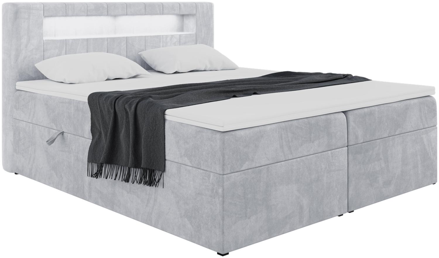 MEBLINI Boxspringbett ASPIN 140x200 cm mit Bettkasten und LED - H4/Hellgrau Samt Polsterbett - Doppelbett mit Topper & Taschenfederkern-Matratze Bild 1