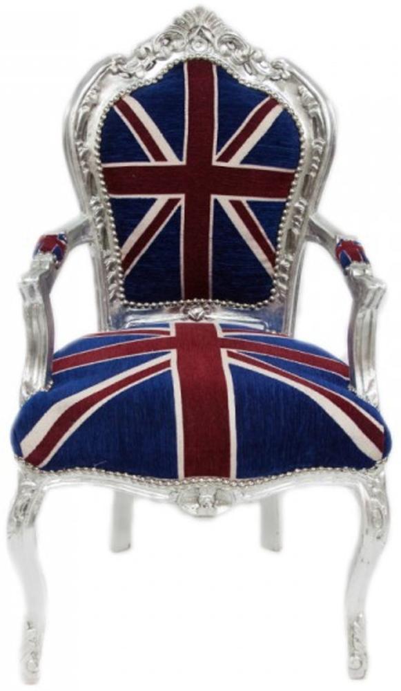 Casa Padrino Barock Esszimmer Stuhl mit Armlehnen Union Jack / Silber - Antik Stil Bild 1