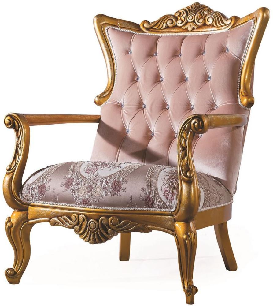 Casa Padrino Luxus Barock Wohnzimmer Sessel mit Glitzersteinen Rosa / Gold 90 x 85 x H. 110 cm - Wohnzimmermöbel im Barockstil Bild 1