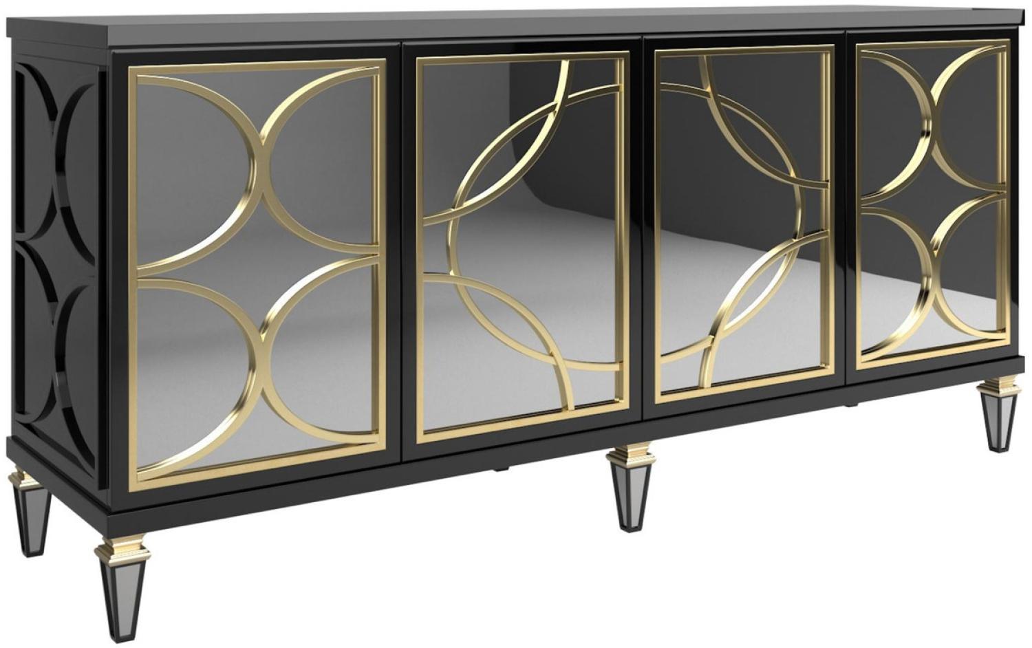 Casa Padrino Luxus Barock Sideboard Schwarz / Gold 220 x 55 x H. 105 cm - Prunkvoller Schrank mit 4 verspiegelten Türen - Barock Möbel Bild 1