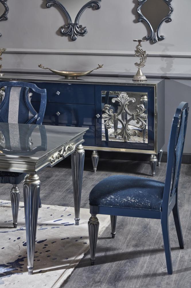Casa Padrino Luxus Barock Esszimmer Set Blau / Silber - Esstisch und 6 Esszimmerstühle - Barock Esszimmermöbel Bild 1