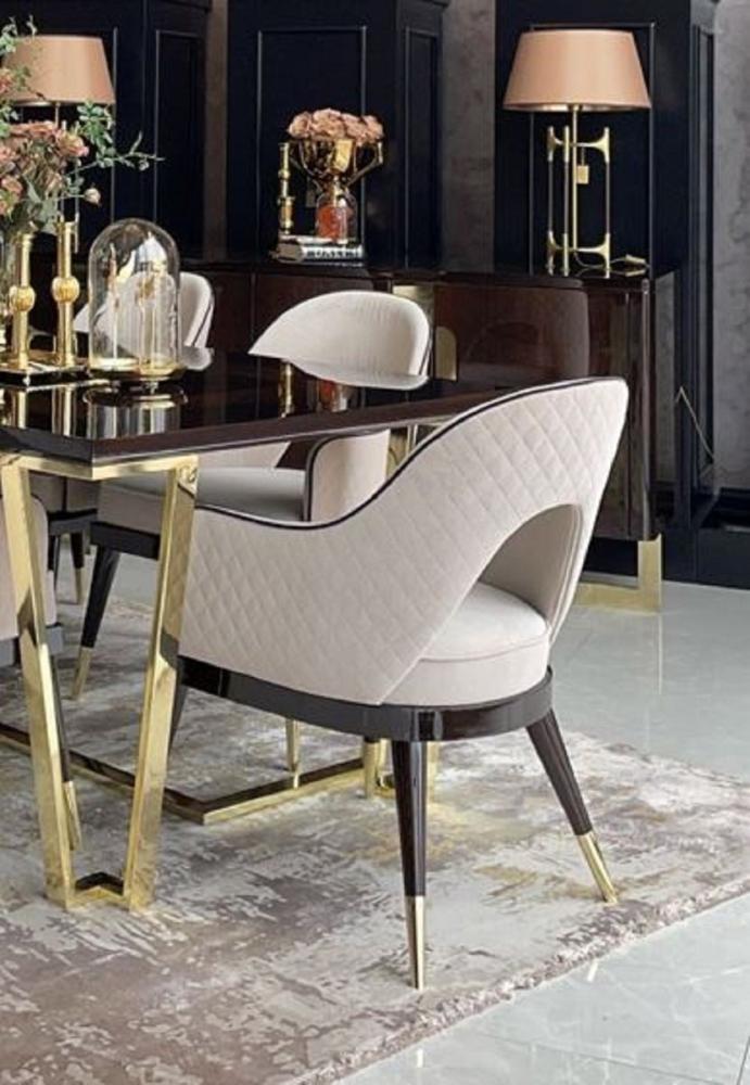 Casa Padrino Luxus Art Deco Esszimmer Stuhl Set Beige / Dunkelbraun / Gold - Küchen Stühle 6er Set - Hochwertige Art Deco Esszimmer Möbel Bild 1