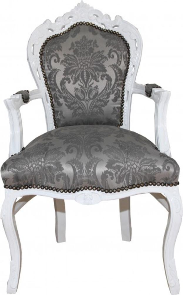 Casa Padrino Barock Esszimmer Stuhl mit Armlehnen Grau Muster / Weiß - Antik Möbel Bild 1