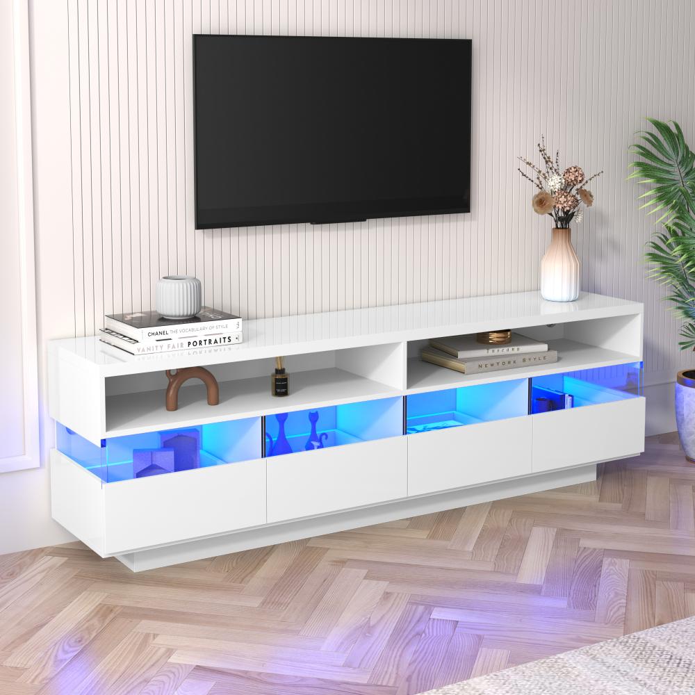 Merax Lowboard mit Nischen und Schubladen, TV-Schrank hochglanz mit LED, TV-Board, TV-Ständer, B:173,5cm, Weiß Bild 1