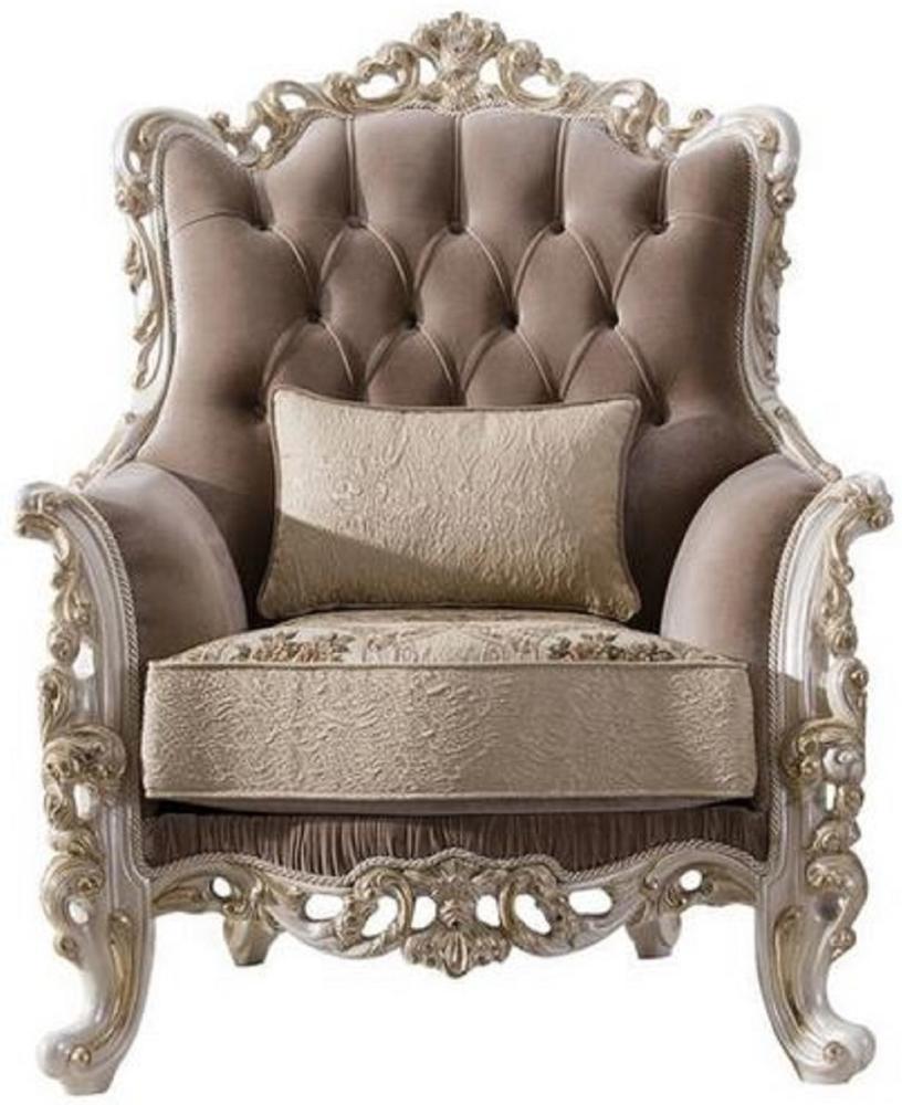 Casa Padrino Luxus Barock Wohnzimmer Sessel mit dekorativem Kissen Braun / Beige / Weiß / Gold 97 x 90 x H. 120 cm - Edle Barock Wohnzimmer Möbel Bild 1