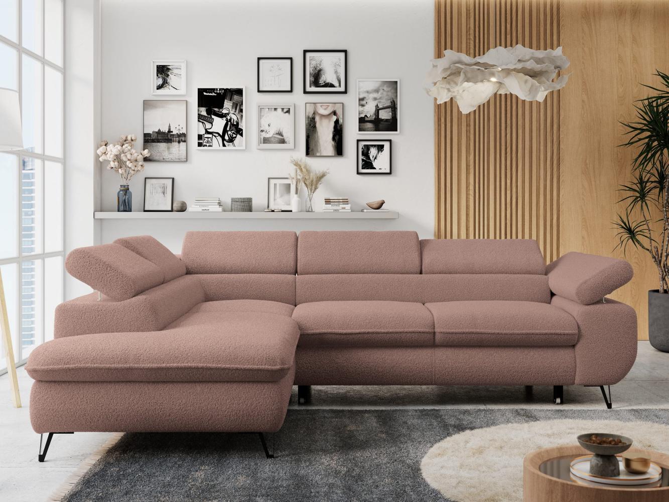 Ecksofa mit Bettfunktion, Modern Sofa, L-form, Einstellbare Kopfstützen, Bettkasten - PETER - Rosa Boucle - links Bild 1