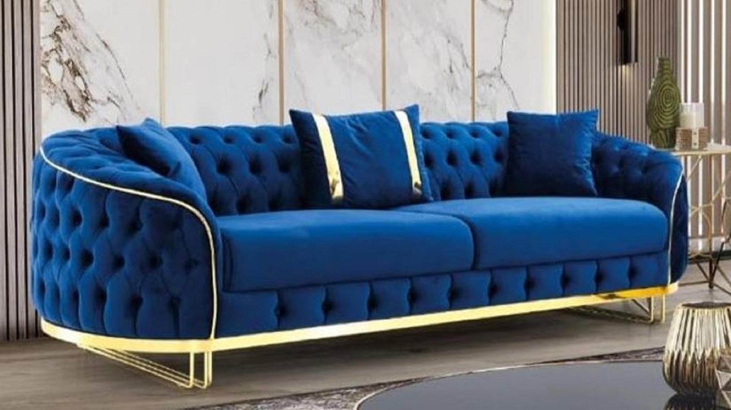Casa Padrino Luxus Chesterfield Sofa Blau / Gold 240 x 95 x H. 72 cm - Modernes Wohnzimmer Sofa - Chesterfield Wohnzimmer Möbel Bild 1