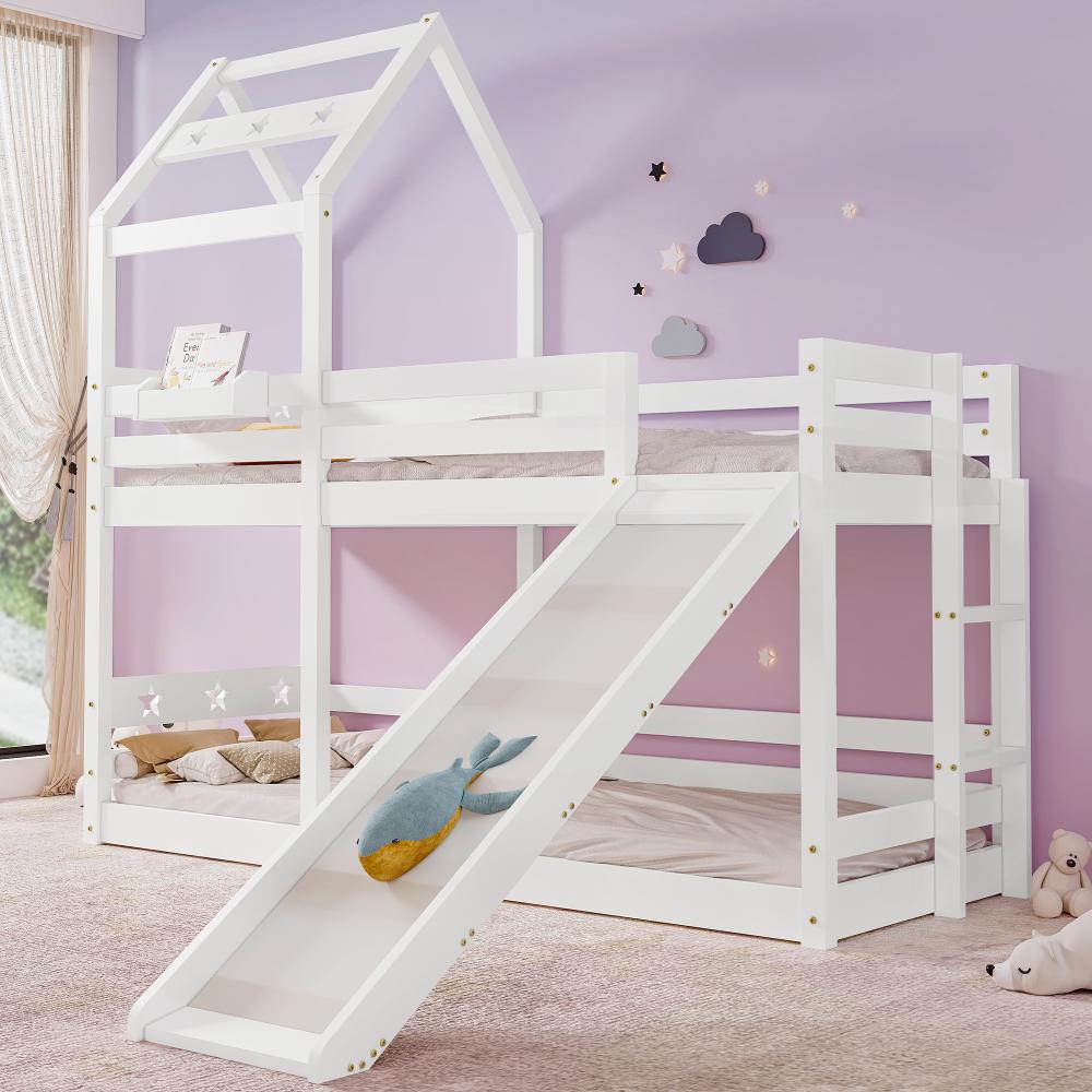 Merax Kinderbett Baumhaus mit Rutsche & Leiter 90 x 200 cm, Hochbett für Kinder– 2x Lattenrost- Weiß Bild 1