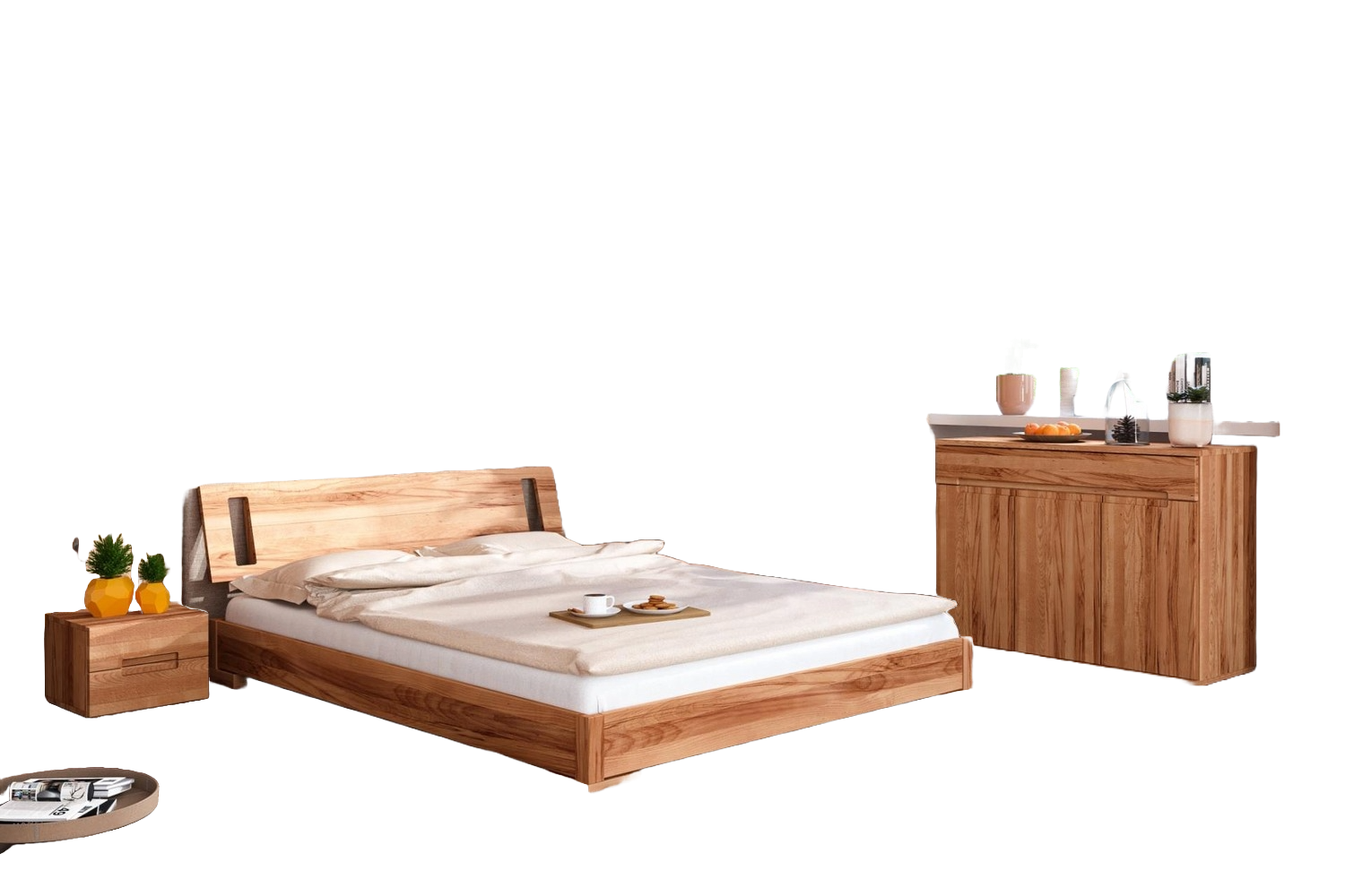 Bett Bento 15 aus Kernbuche massiv 180x200 cm mit Holzkopfteil und Holzbeinen Bild 1