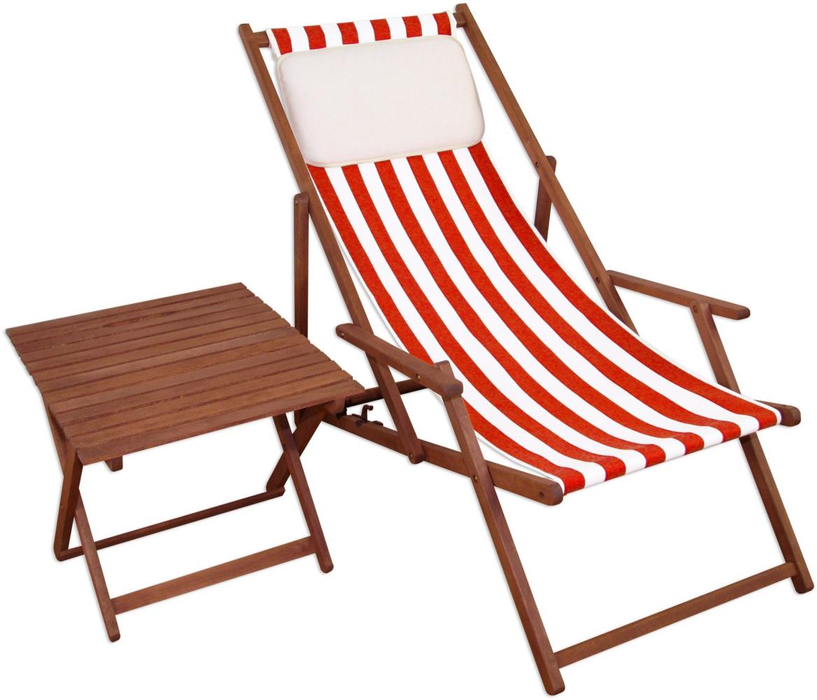 Gartenliege rot-weiß Liegestuhl Tisch Kissen Sonnenliege Deckchair Buche dunkel 10-314 T KH Bild 1