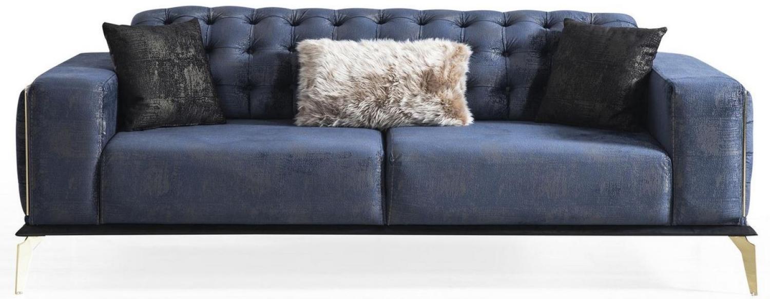 Casa Padrino Luxus Art Deco Chesterfield Sofa Blau / Grau / Schwarz / Messingfarben 236 x 99 x H. 86 cm Bild 1