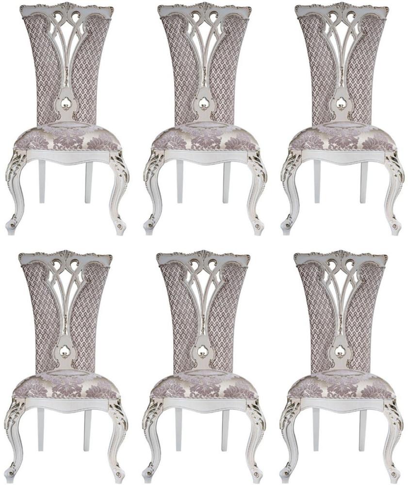 Casa Padrino Luxus Barock Esszimmer Stuhl Set Lila / Beige / Weiß / Gold 57 x 65 x H. 113 cm - Küchen Stühle 6er Set - Prunkvolle Barock Esszimmer Möbel Bild 1