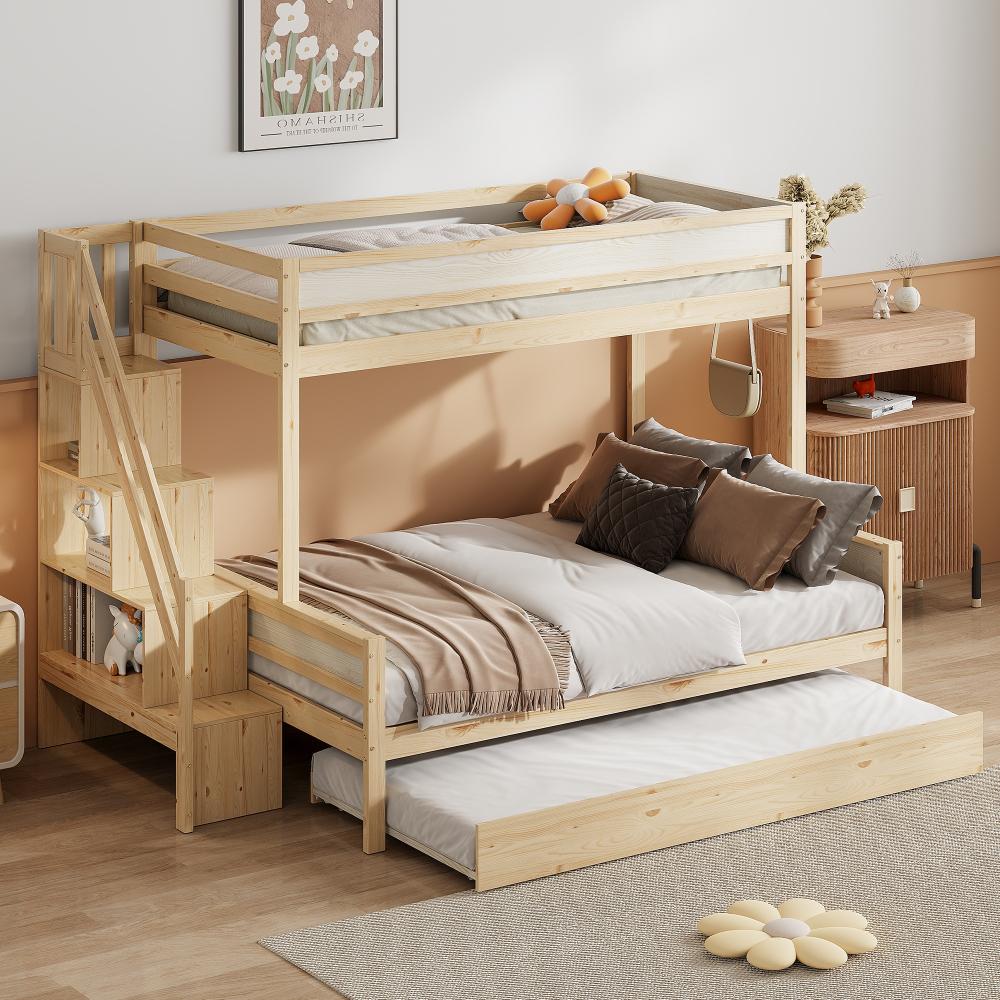 Merax Etagenbett Massivholzbett 90x200cm/140x200cm mit Ausziehbett 90x190cm, holzfarbe Bild 1