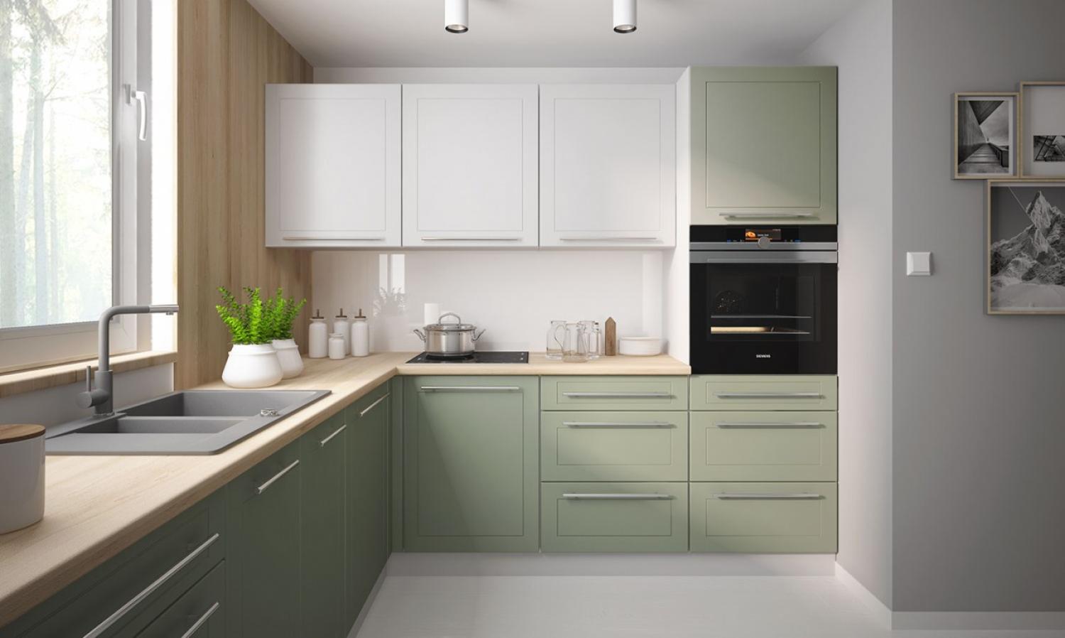 L-Form Küchenzeile Bari Winkelküche 245x240cm grau signalweiß blassgrün matt lackiert Bild 1