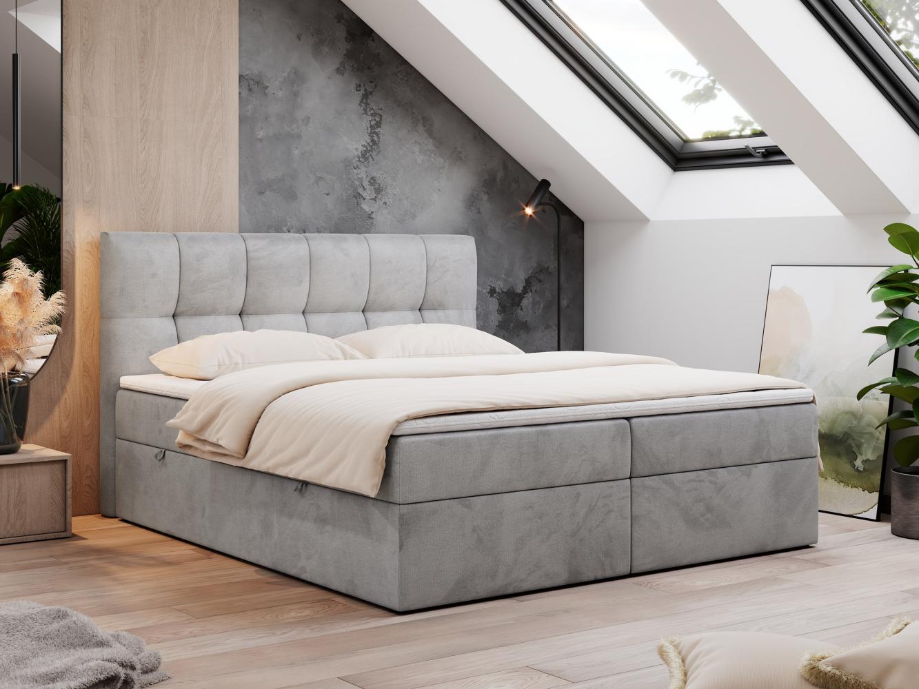 Boxspringbett mit Kopfteil und Topper, Doppelbett - RICO - 160x200cm - Hellgrau Velours - H3 Bild 1