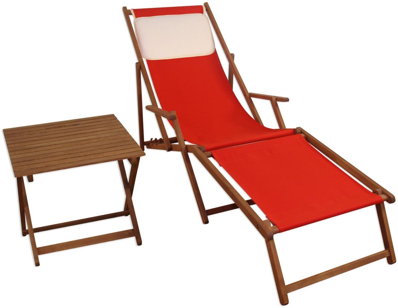 Liegestuhl rot Fußablage Tisch Kissen Deckchair Holz Sonnenliege Gartenliege Buche 10-308 F T KH Bild 1