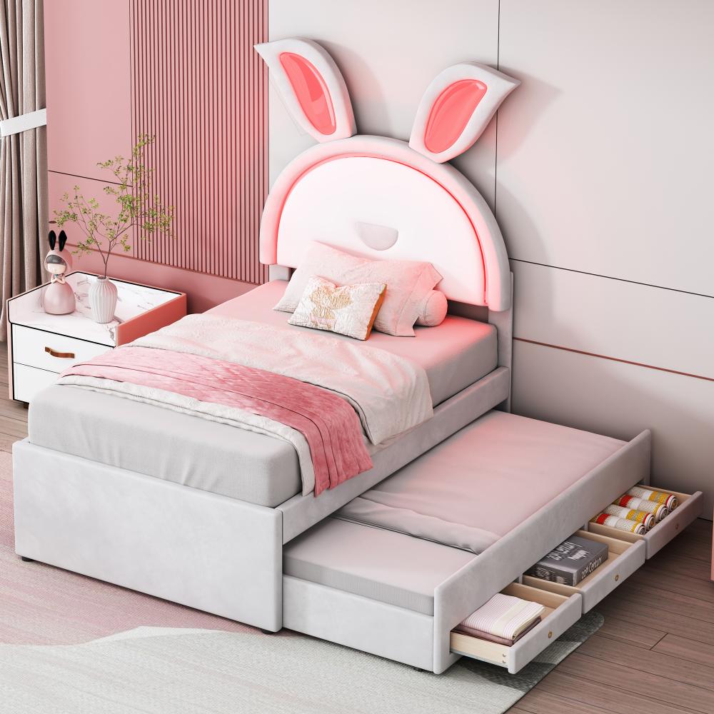 Merax Kinderbett Polsterbett 90 x 200 cm,Samtstoff Multifunktionales gepolstertes Einzelbett-Schlafsofa mit ausziehbarem Bett, Stauraumschublade und farbwechselndem LED-Licht, Beige Bild 1