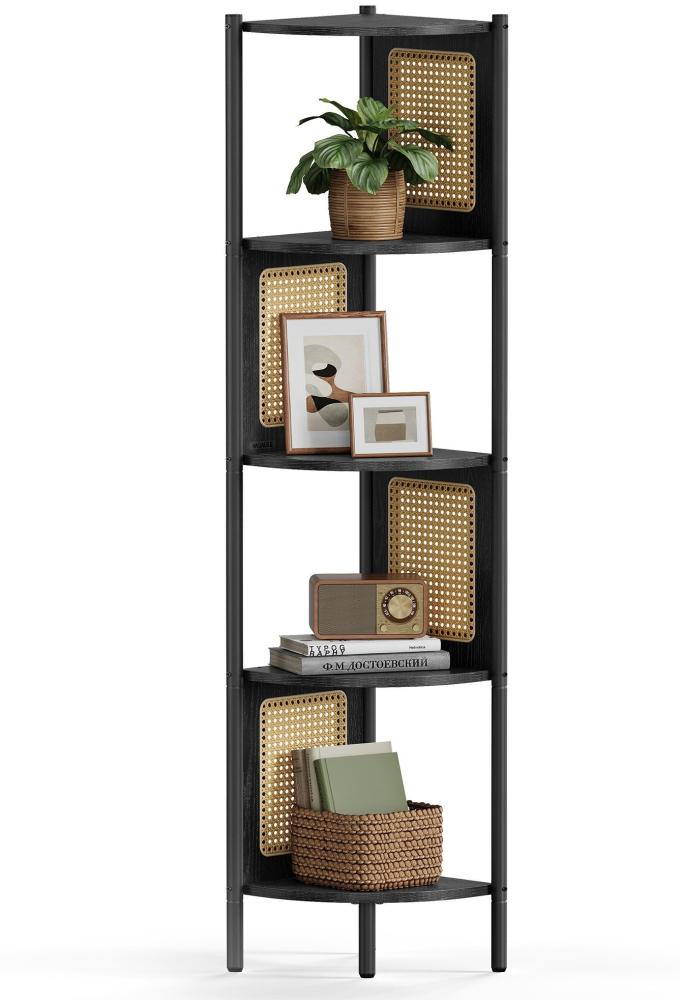 VASAGLE Eckregal mit 5 Ebenen, Bücherregal mit Rattan-Seitenplatten, Standregal, Metallrahmen Bild 1