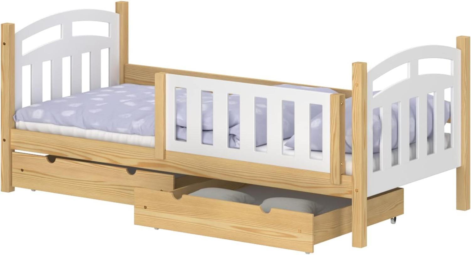 WNM Group Kinderbett mit Rausfallschutz Suzie - Jugenbett aus Massivholz - Bett mit 2 Schubladen für Mädchen und Jungen - Funktionsbett 160x80 cm - Natürliche Kiefer Bild 1