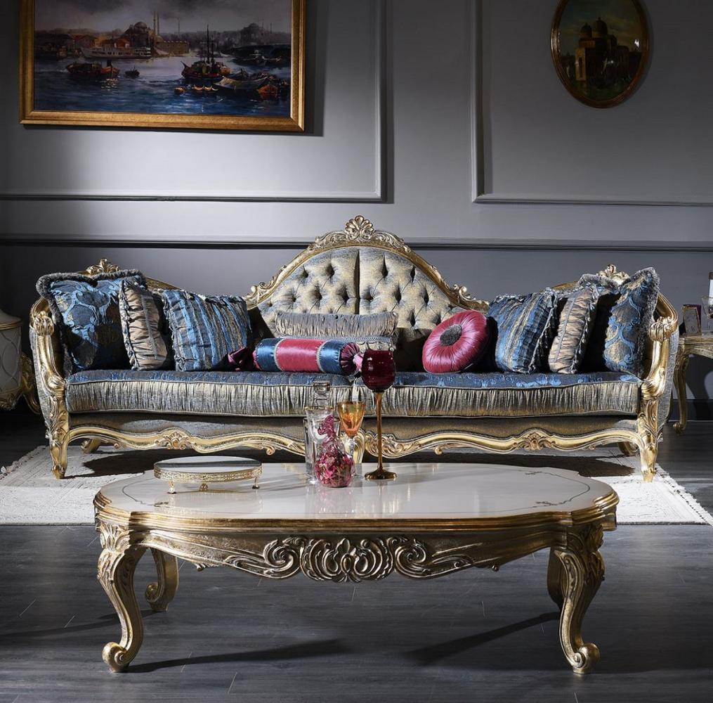 Casa Padrino Luxus Barock Wohnzimmer Set - 1 Chesterfield Sofa Dunkelblau / Antik Gold & 1 Couchtisch Weiß / Antik Gold - Wohnzimmermöbel - Barockmöbel Bild 1