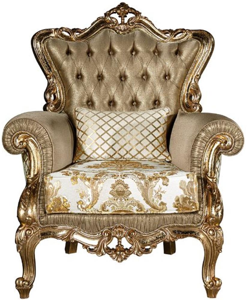 Casa Padrino Luxus Barock Wohnzimmer Sessel mit dekorativem Kissen Gold / Weiß 98 x 90 x H. 117 cm - Prunkvolle Barock Möbel Bild 1