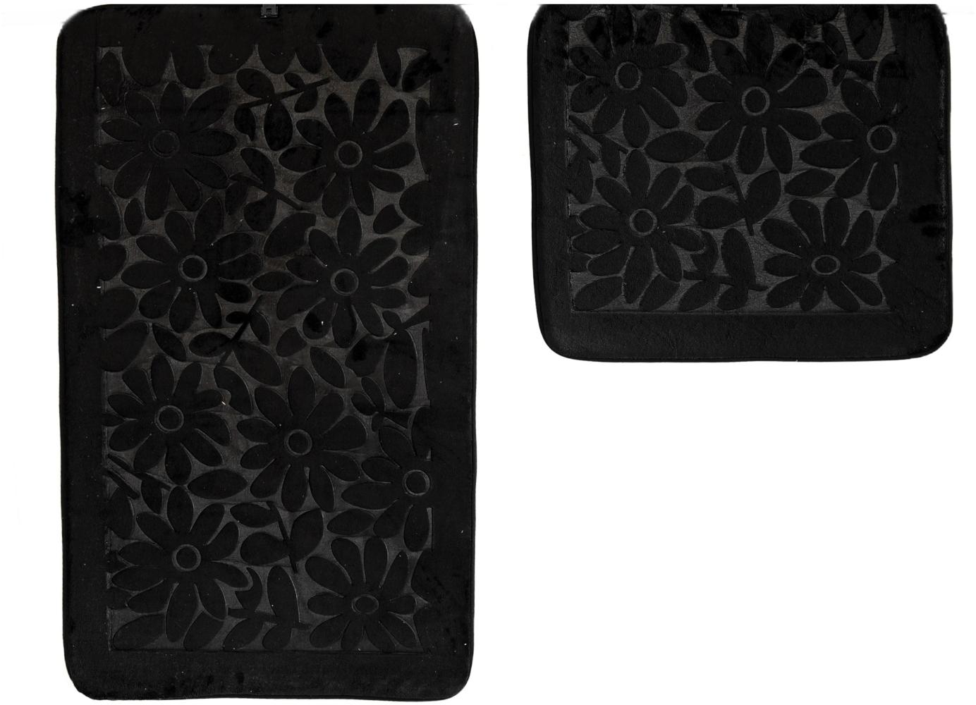 Almina Premium 2 teiliges Bademattenset aus Polyester Rutschfest Waschbar mit Blumenmotiv Schwarz Bild 1