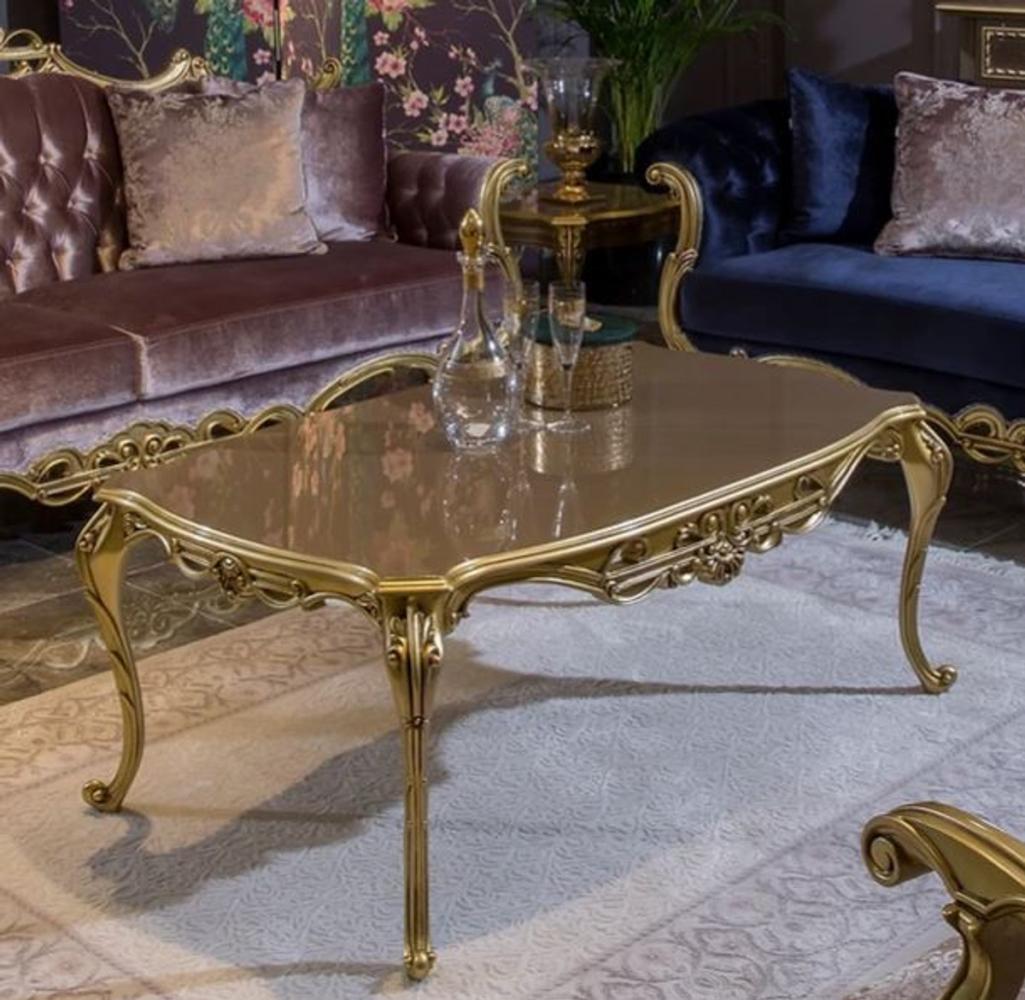 Casa Padrino Luxus Barock Couchtisch Grau / Gold 123 x 77 x H. 52 cm - Edler Massivholz Wohnzimmertisch im Barockstil - Prunkvolle Barock Möbel Bild 1