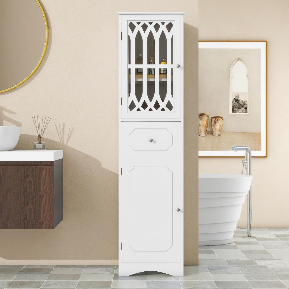 Merax Badezimmerschrank, Badezimmerschrank, Badezimmermöbel, mit Schublade, zwei Ablagefächern, verstellbare Einlegeböden weiß Bild 1