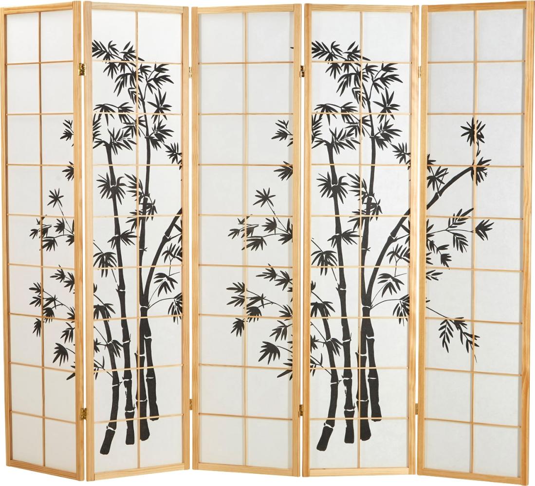 Paravent Raumteiler 5 teilig, Holz Natur, Reispapier Weiß, Bambusmuster, Höhe 179 cm Bild 1