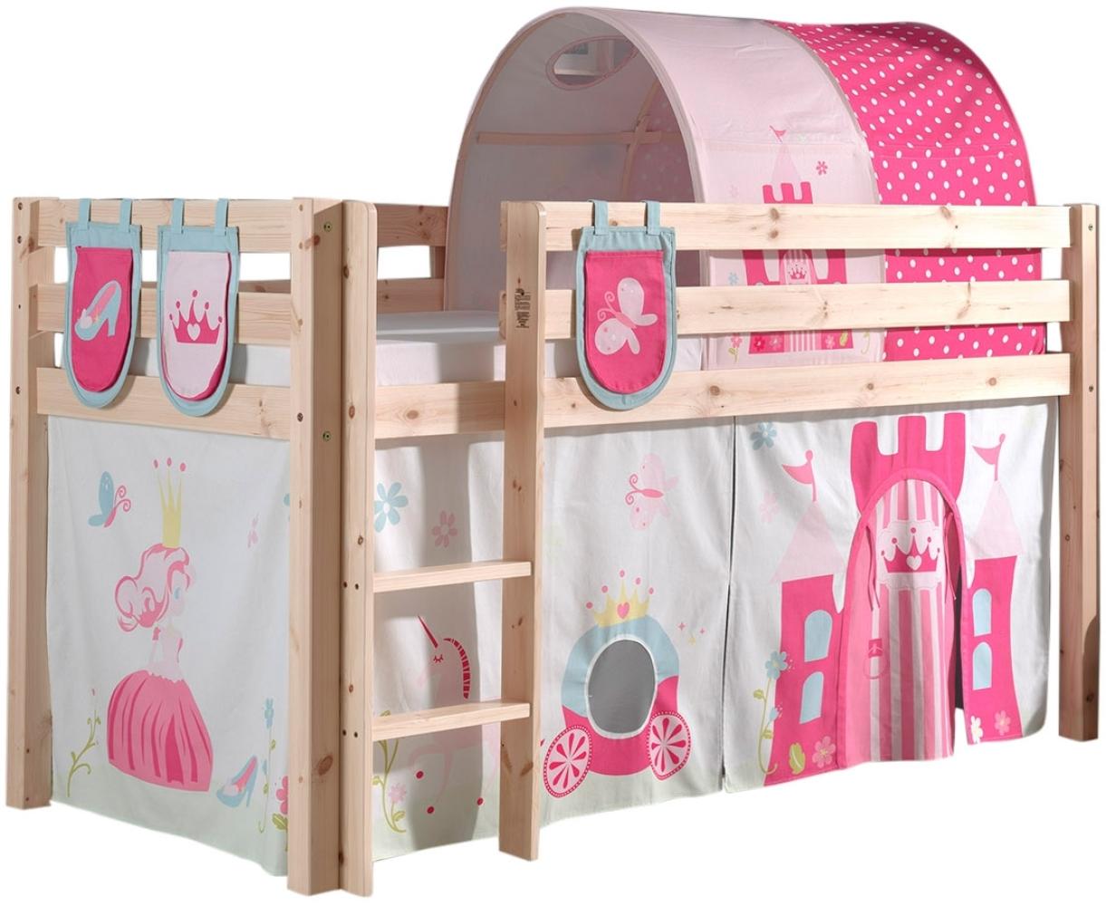 Spielbett Pino mit Textilset Vorhang, Tunnel und 3 Taschen \"Princess\", Kiefer massiv natur Bild 1