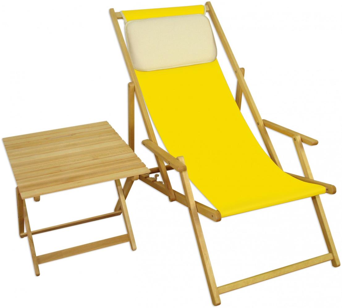 Strandstuhl gelb Gartenliege Strandliege Deckchair Tisch Kissen Liegestuhl Holz hell 10-302NTKH Bild 1