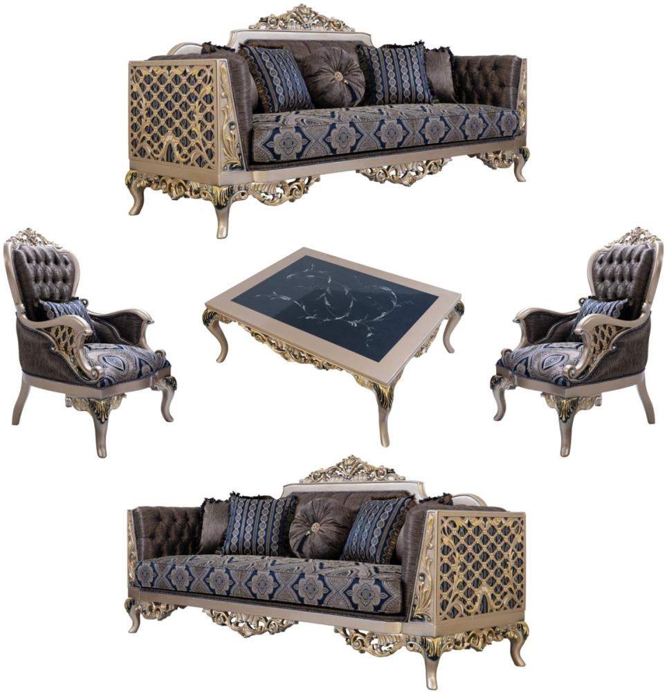 Casa Padrino Luxus Barock Wohnzimmer Set Blau / Silber / Gold - 2 Sofas & 2 Sessel & 1 Couchtisch - Prunkvolle Barock Wohnzimmer Möbel Bild 1