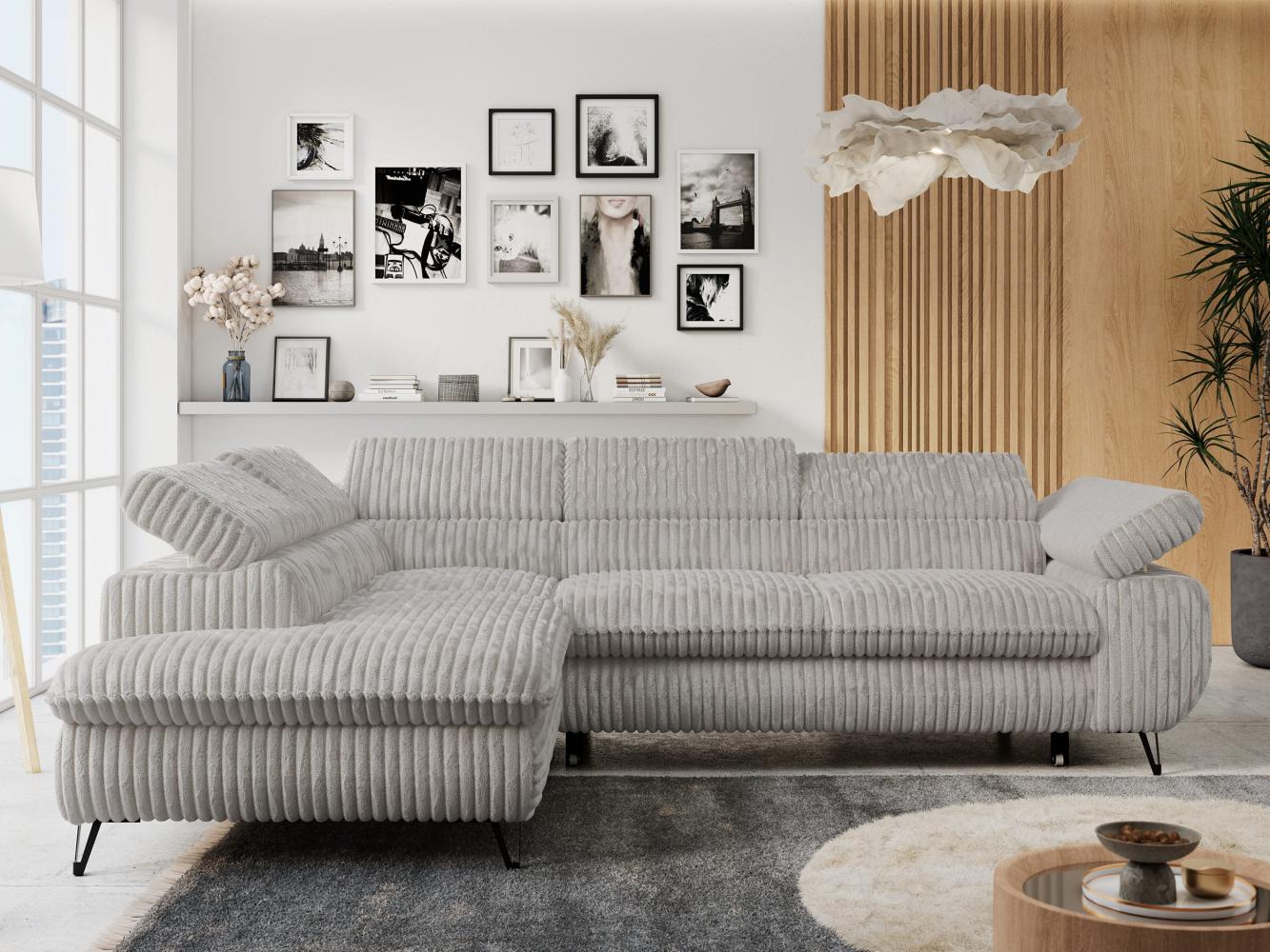 Ecksofa mit Bettfunktion, Modern Sofa, L-form, Einstellbare Kopfstützen, Bettkasten - PETER - Hellgrau Cord - Topper T25 - links Bild 1