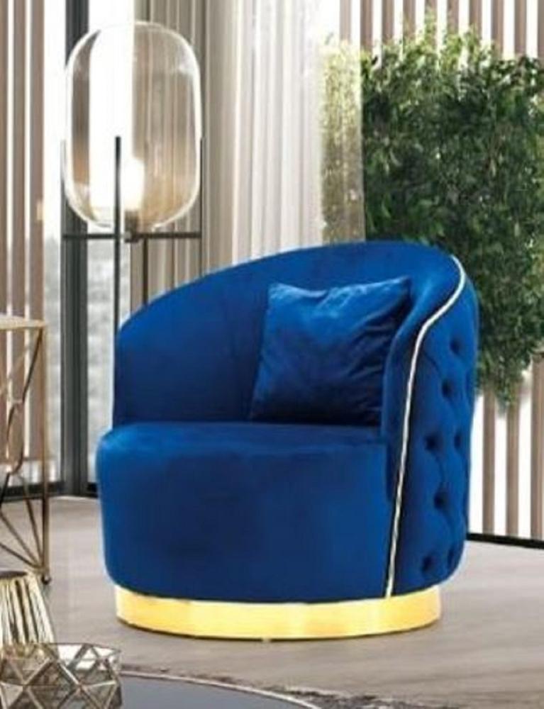 Casa Padrino Luxus Chesterfield Sessel Blau / Gold 90 x 95 x H. 75 cm - Moderner Wohnzimmer Sessel - Chesterfield Wohnzimmer Möbel Bild 1