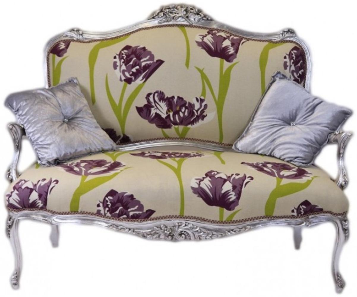 Casa Padrino Barock Creme Blumen Muster / Silber - italienischer Stil - Barock Möbel Bild 1