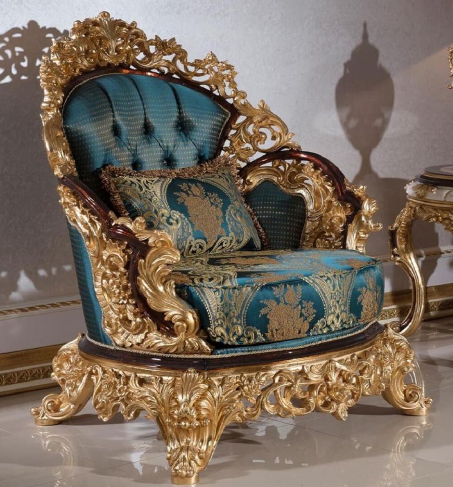 Casa Padrino Luxus Barock Sessel Blau / Beige / Braun / Gold - Prunkvoller Wohnzimmer Sessel mit elegantem Muster - Barock Wohnzimmer Möbel - Edel & Prunkvoll Bild 1