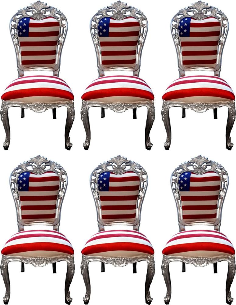 Casa Padrino Luxus Barock Esszimmer Stuhl Set USA / Silber 52 x 51 x H. 105 cm - Designer Barock Küchen Stühle 6er Set - Barock Esszimmer Möbel Bild 1