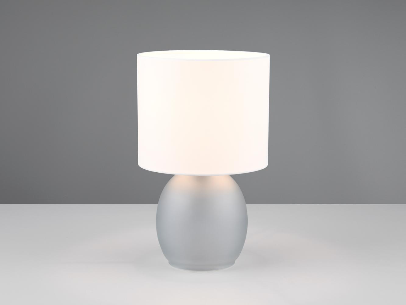 LED Tischleuchte mit Glasfuß Grau und Stoffschirm Weiß, Höhe 29cm Bild 1